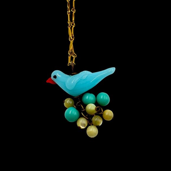 Vintage Lenora Dame Art Glass Blue Bird Sitting on Eggs Pendant Necklace Gold To - Picture 7 of 16